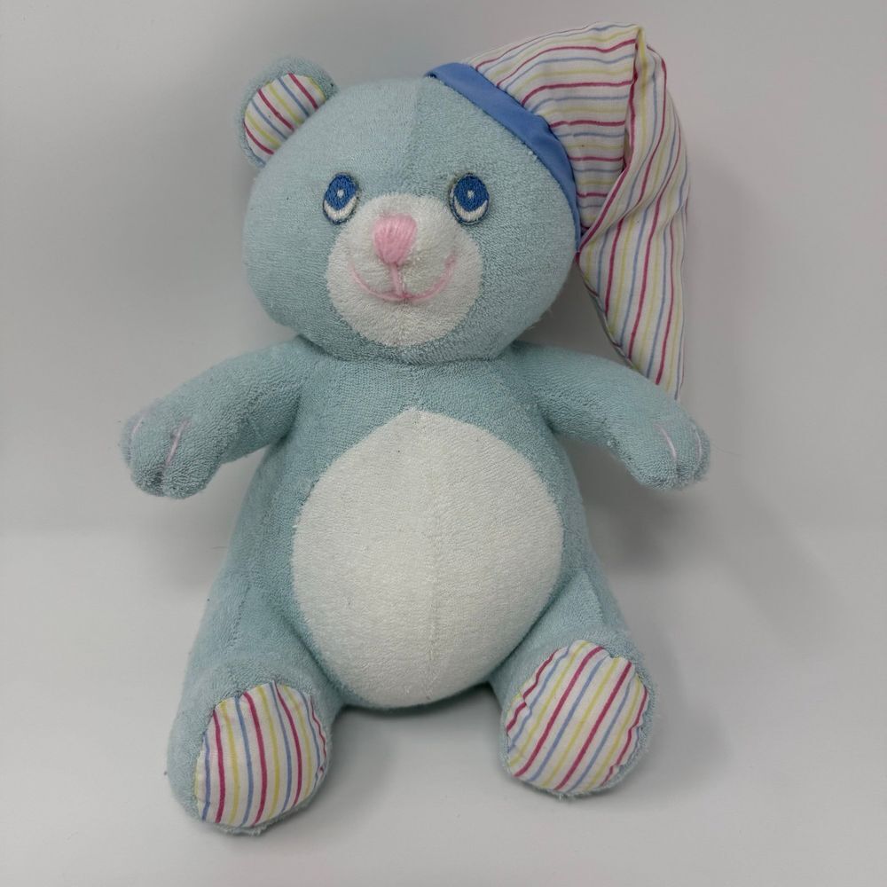Russ Berrie Vintage Light Blue Teddy Bear Plush‎ Rattle Hat Bittles Terry Cloth